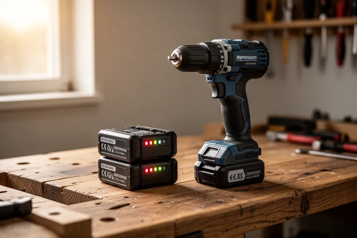 Batteridriven borr vilande på en arbetsbänk bredvid en stapel med litiumbatteripaket