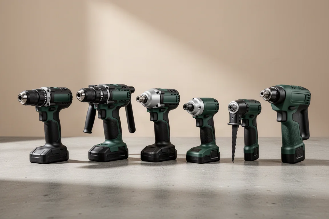 Seven cordless Ryobi ONE+ HP power tools arranged in a row on concrete