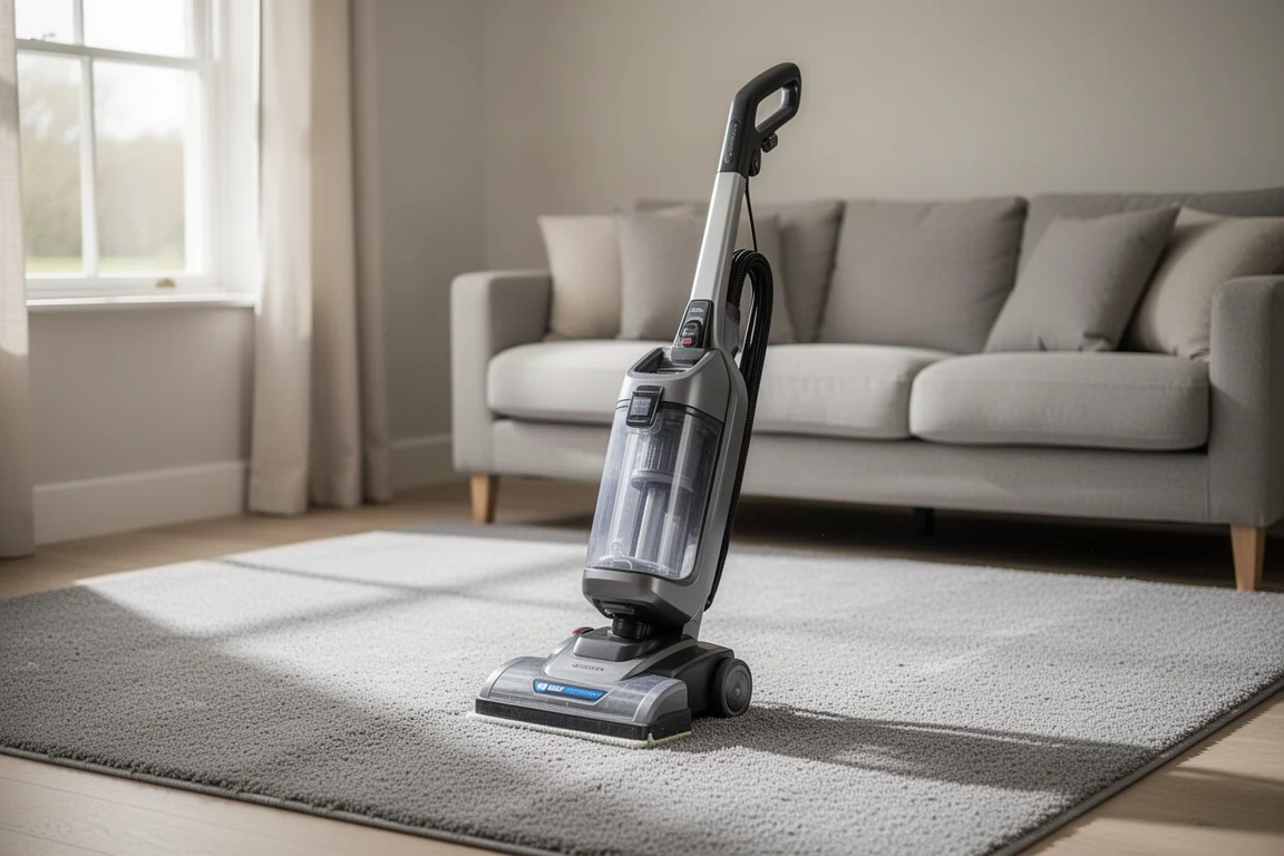 Snoerloze tapijtscrubber staande op een huishoudelijk vloerkleed in helder daglicht in de woonkamer