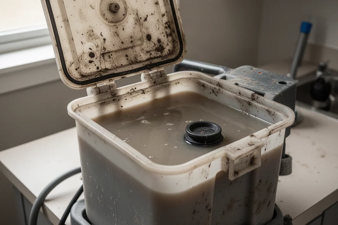 Geopende vuilwatertank van een tapijtscrubber met troebel water en stop