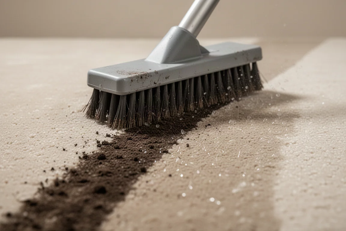 Borstelkop van snoerloze scrubber trekt tijdens het reinigen zichtbaar vuil uit het tapijt