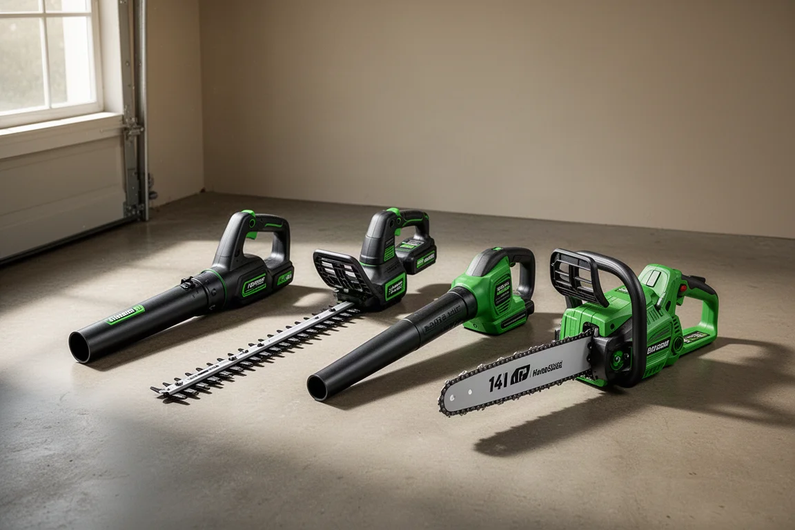 Lineup of new Ryobi cordless outdoor power tools on a concrete garage floor