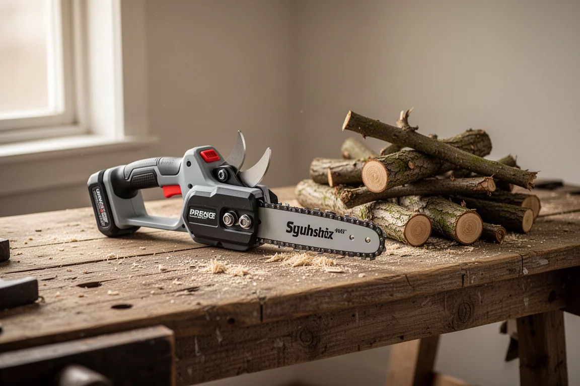 Compact pruning chainsaw lying on a workbench beside cut branches
