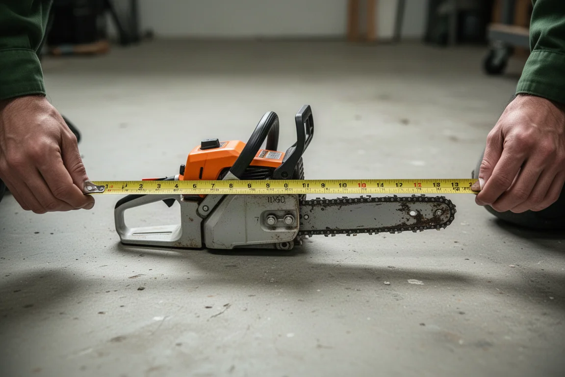 Person measuring the length of a small chainsaw with a tape measure