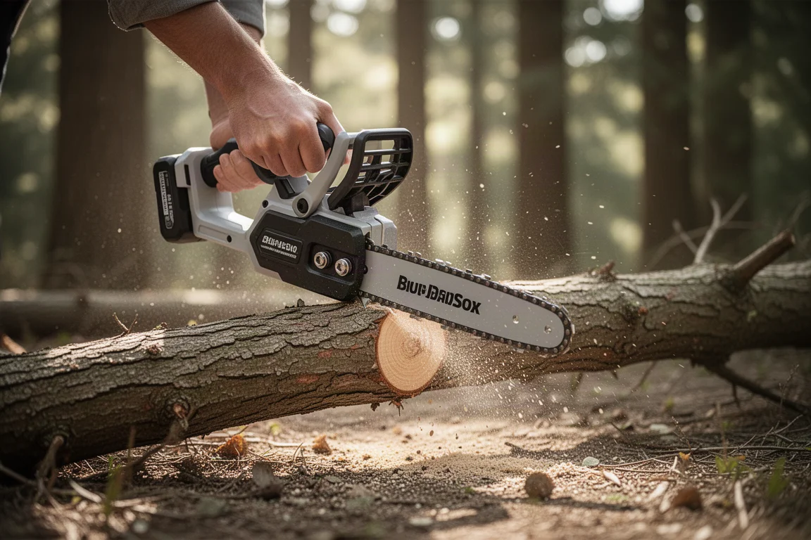 Cordless pruning saw cutting through a thick branch with sawdust flying