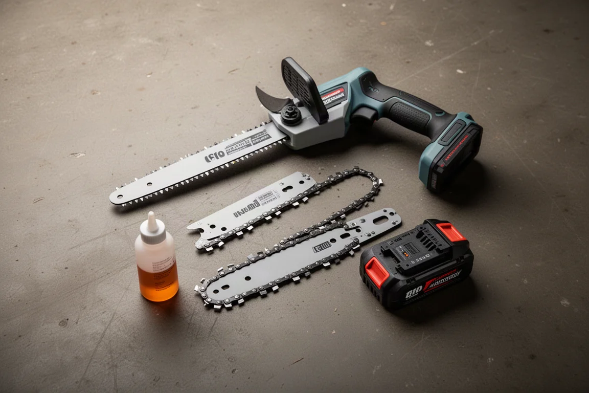 Small chainsaw and spare bar and chain parts arranged on a garage floor