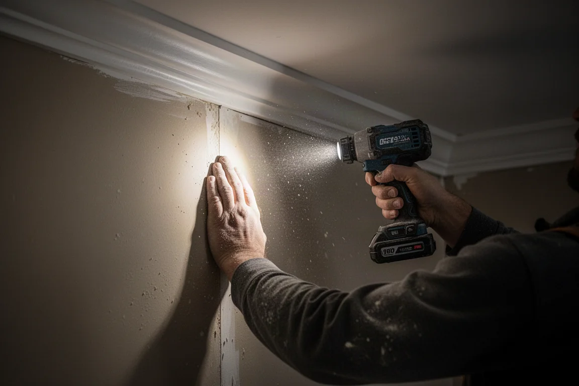 Contratista instalando molduras de coronamiento en una habitación oscura iluminada por la luz de trabajo integrada de la herramienta