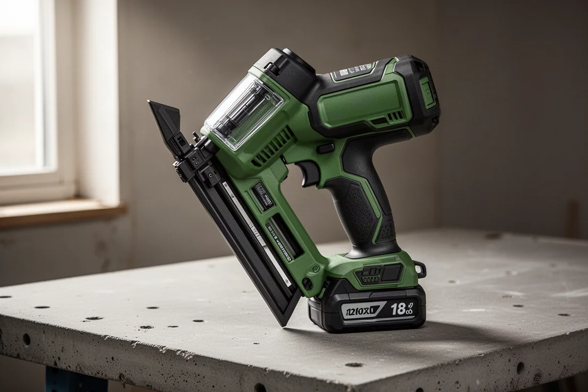 Ryobi HP brushless 15-gauge angled finish nailer appoggiato su una benché di lavoro in cemento