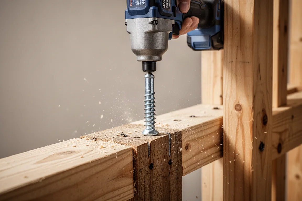 Llave de impacto clavando un tirafondo grande en estructura de madera