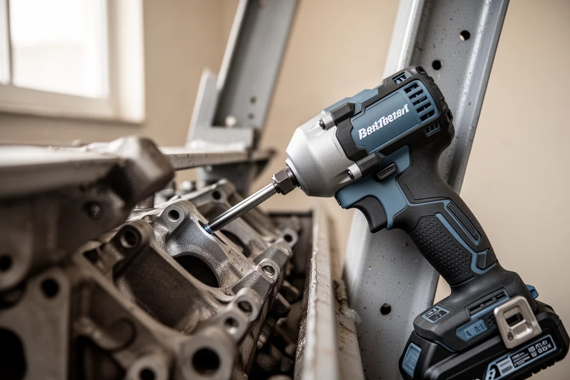 Llave de impacto compacta accediendo a un espacio reducido del compartimiento del motor