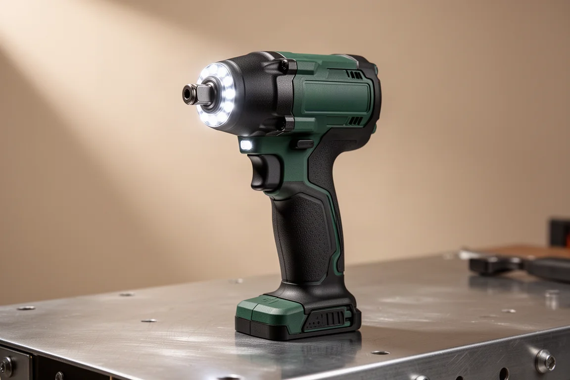 Ryobi PCL265 cordless impact wrench standing upright on a brushed metal workbench