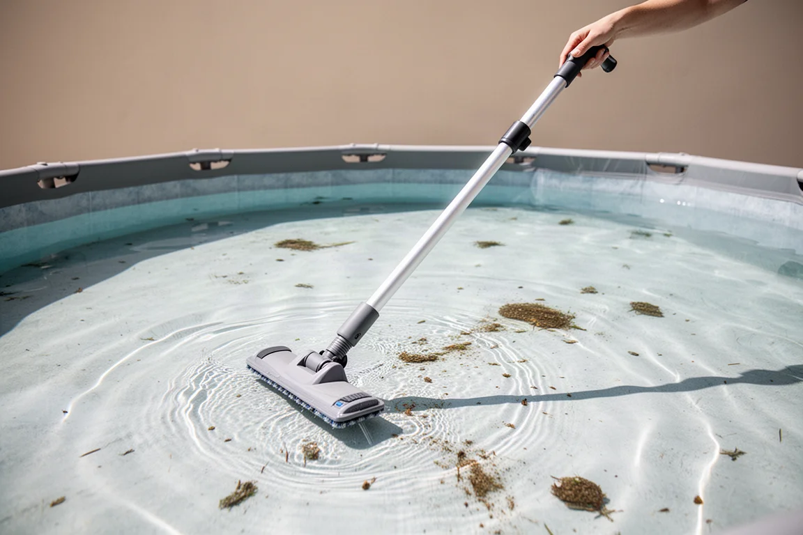 Aspirapolvere per piscine portatile che raccoglie sporco dal fondo di una piscina fuori terra