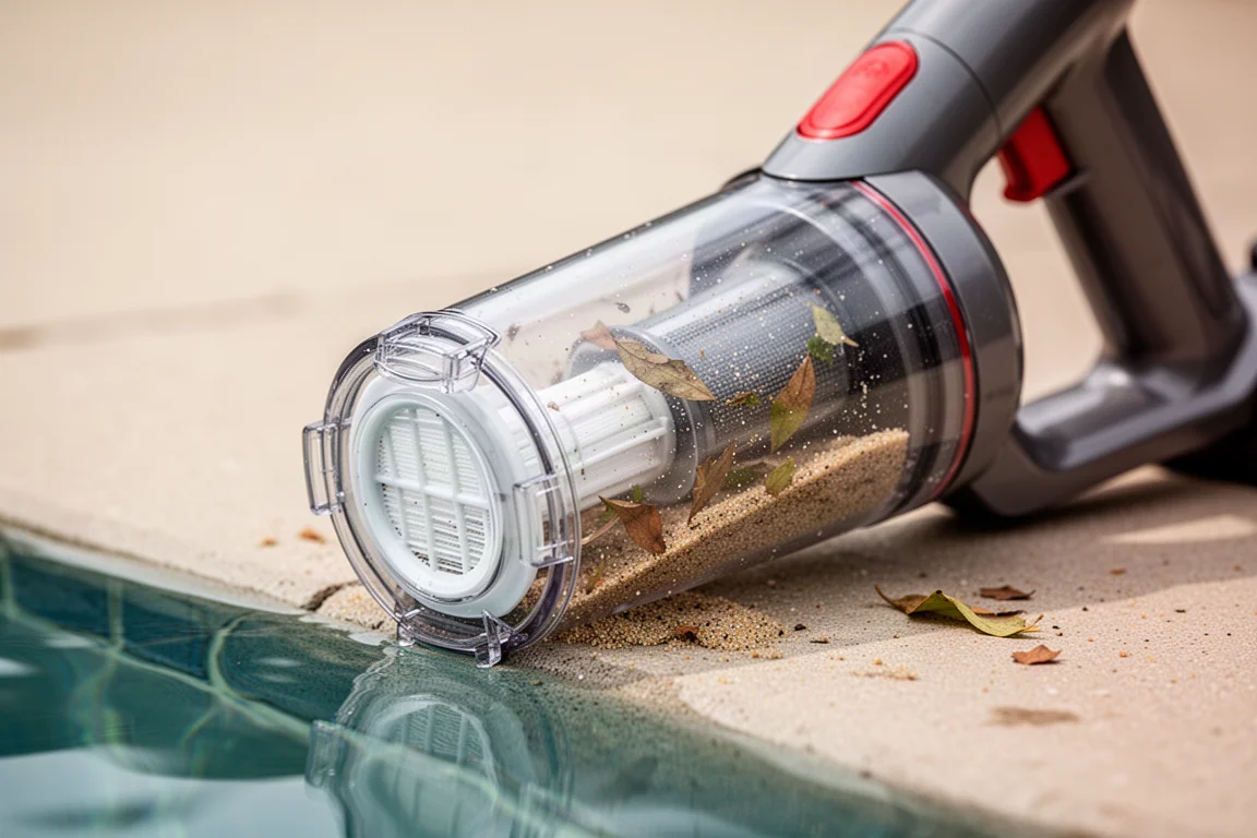 Serbatoio per sporco traslucido e cartuccia filtrante di un aspirapolvere per piscine su una bordo piscina