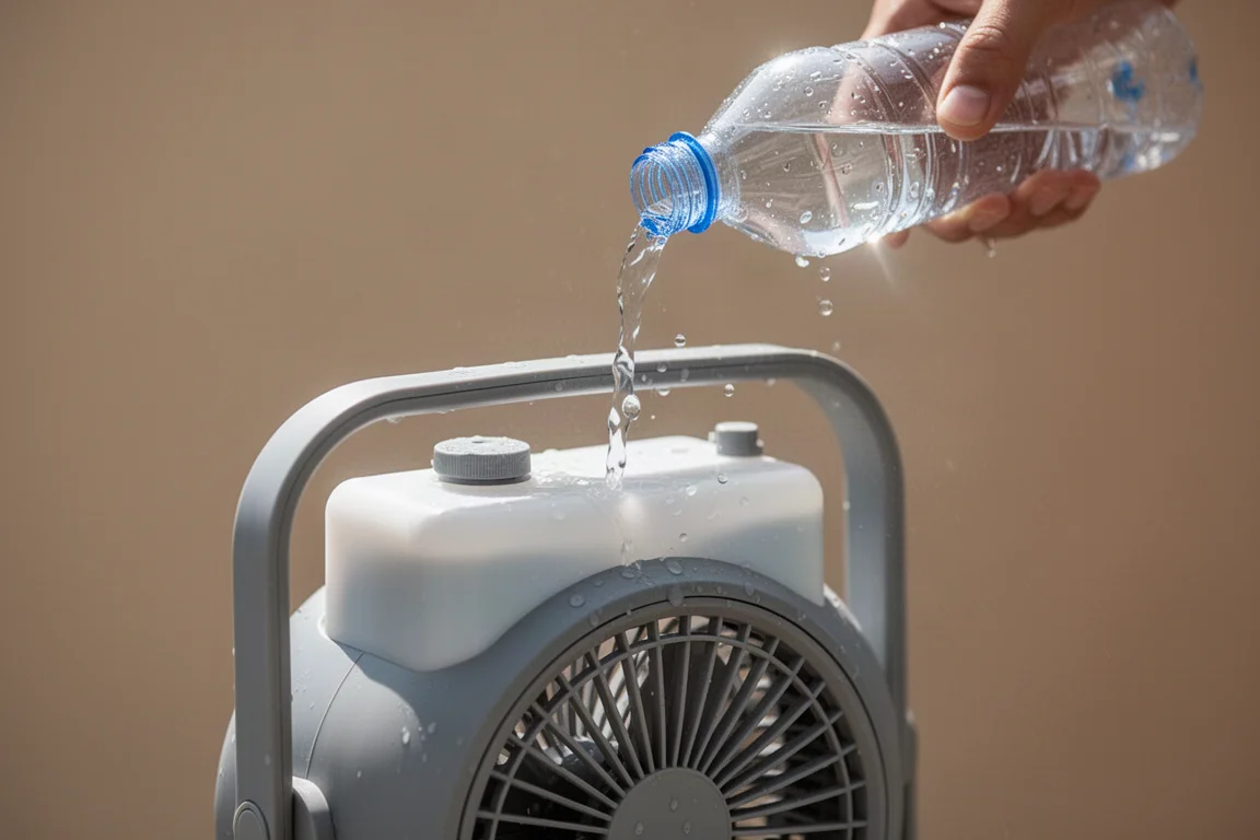 Riempimento del piccolo serbatoio d'acqua di una ventola a nebulizzazione portatile da una normale bottiglia d'acqua
