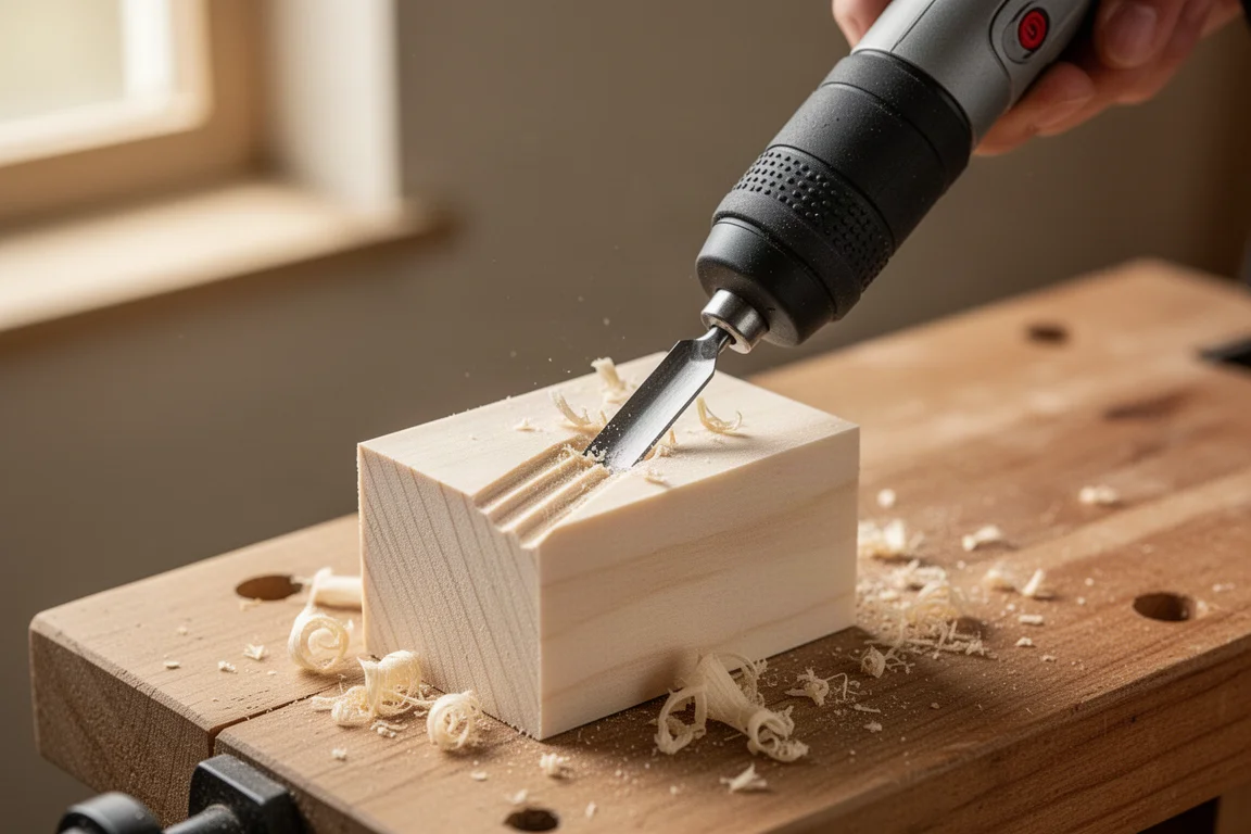 Handgehouden snijgereedschap bewerkt een klein stukje zacht hout op een werkbank