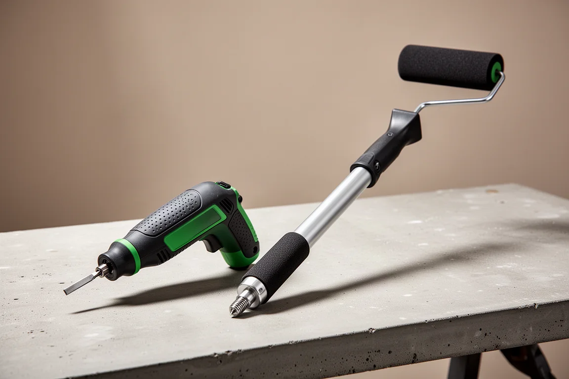 Portable Carver RYOBI e asta per pittori Shur-Line disposti su una panca di lavoro in cemento