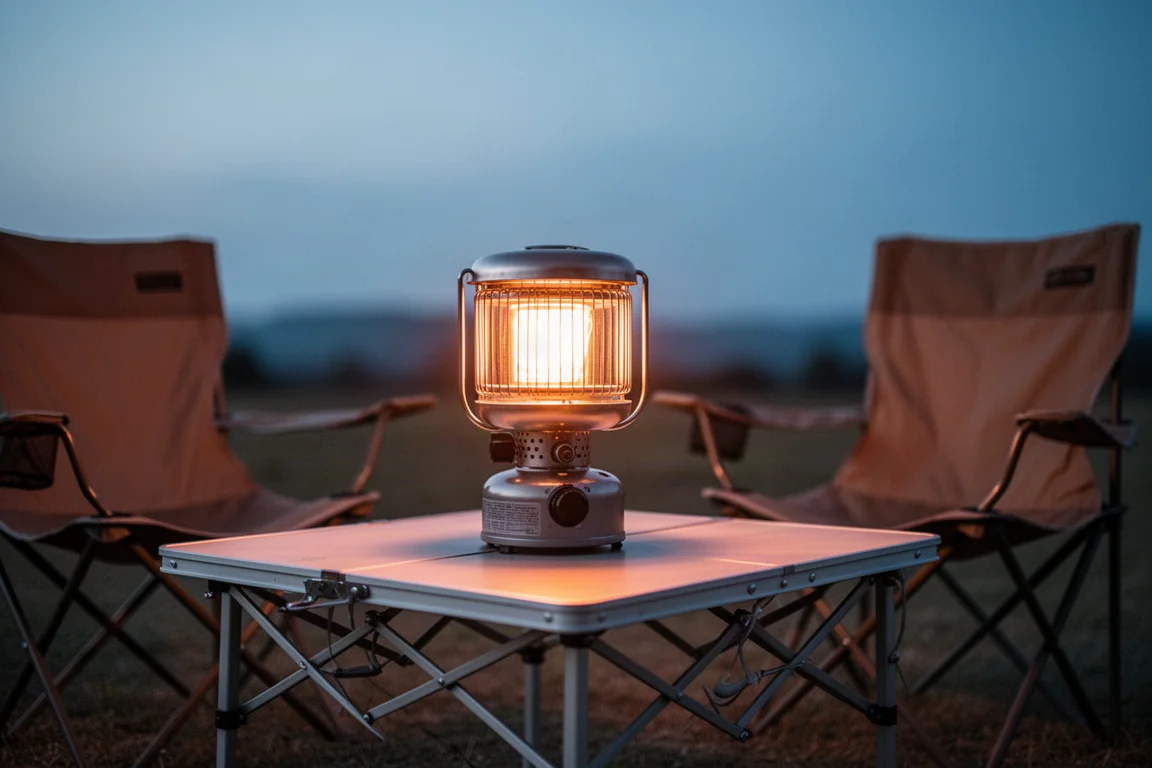 Stufa a propano portatile che emana un calore avvolgente su un tavolo pieghevole in un campeggio la sera