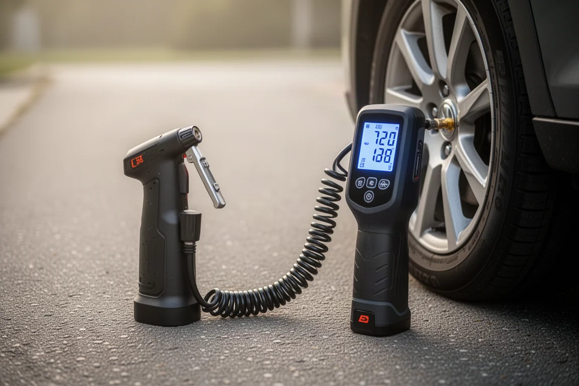 Gonfiatore di pneumatici senza filo con un display LED luminoso collegato a una gomma dell'auto