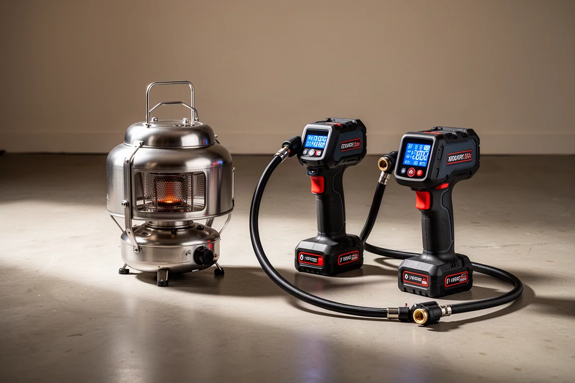 Portable propane heater and two cordless tire inflators arranged on a concrete floor