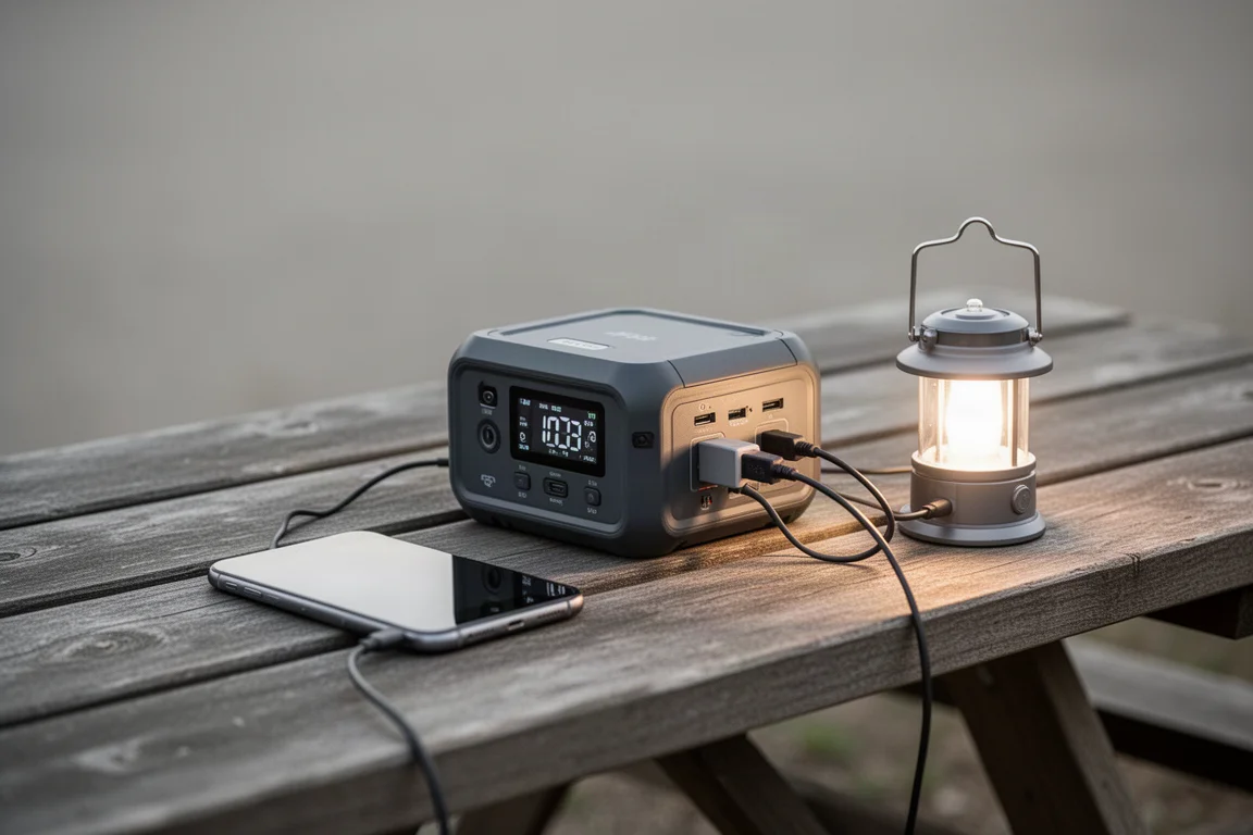 Smartphone y dispositivos pequeños cargándose desde una fuente de energía compacta montada en una batería sobre una mesa