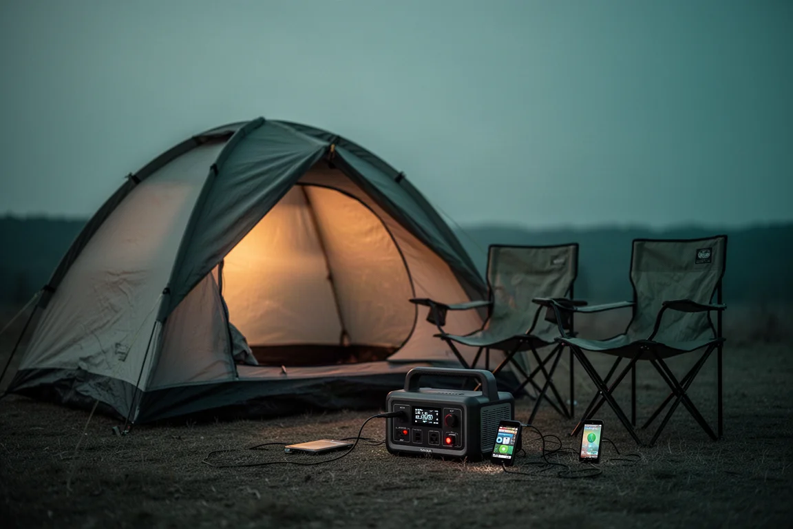 Campamento al atardecer con una fuente de energía portátil que alimenta una máquina CPAP dentro de una tienda