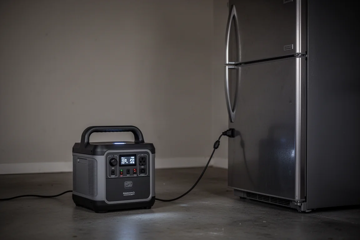 Central de energía portátil junto a un refrigerador en un garaje durante un corte de luz