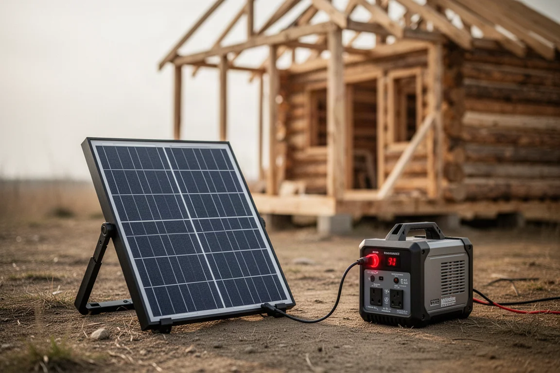Panel solar cargando un módulo inversor montado en batería en un sitio de trabajo remoto