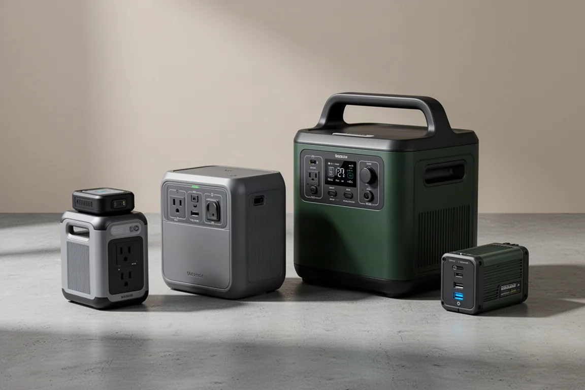Four Ryobi portable power products of varying sizes arranged on a concrete surface