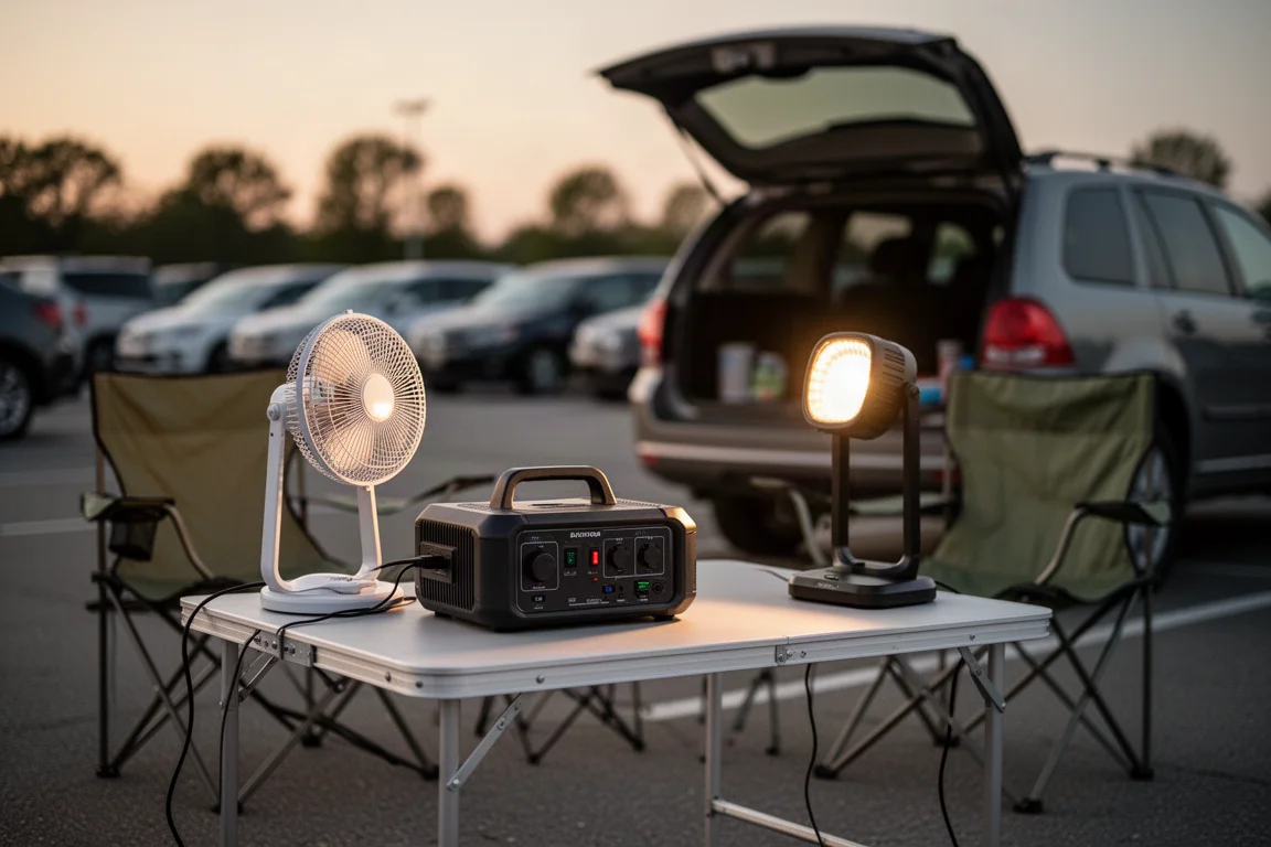 Scena di coda allo stadio con alimentazione portatile che fa funzionare una piccola ventola e delle luci