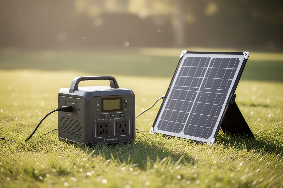 Fonte di alimentazione portatile che si ricarica da un piccolo pannello solare all'aperto