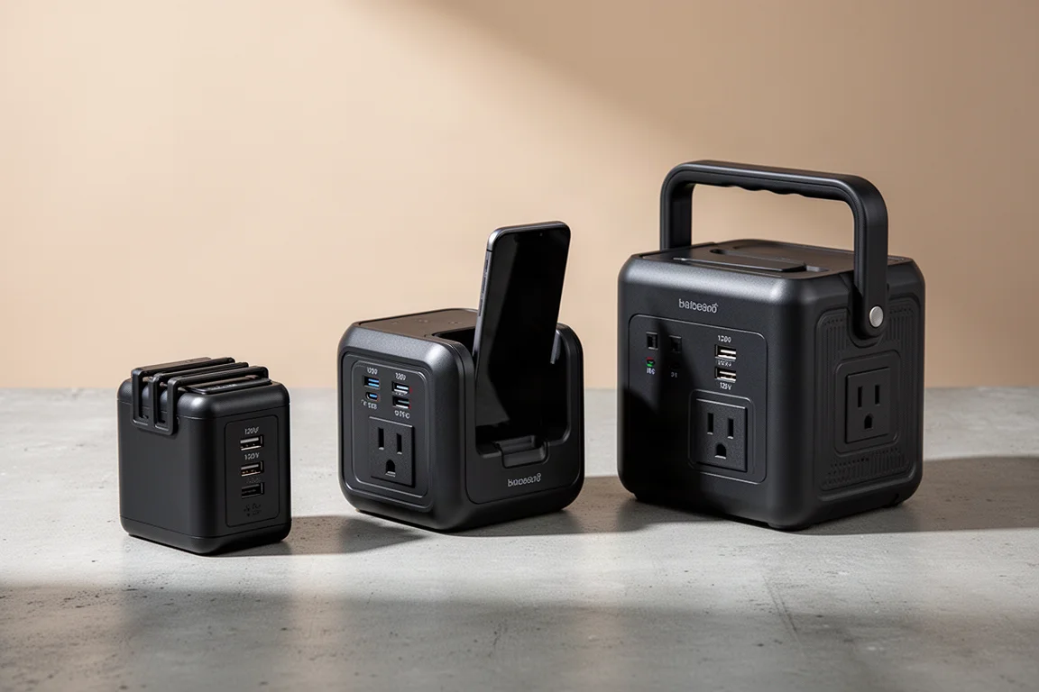 Three Ryobi portable power source units lined up on a concrete surface