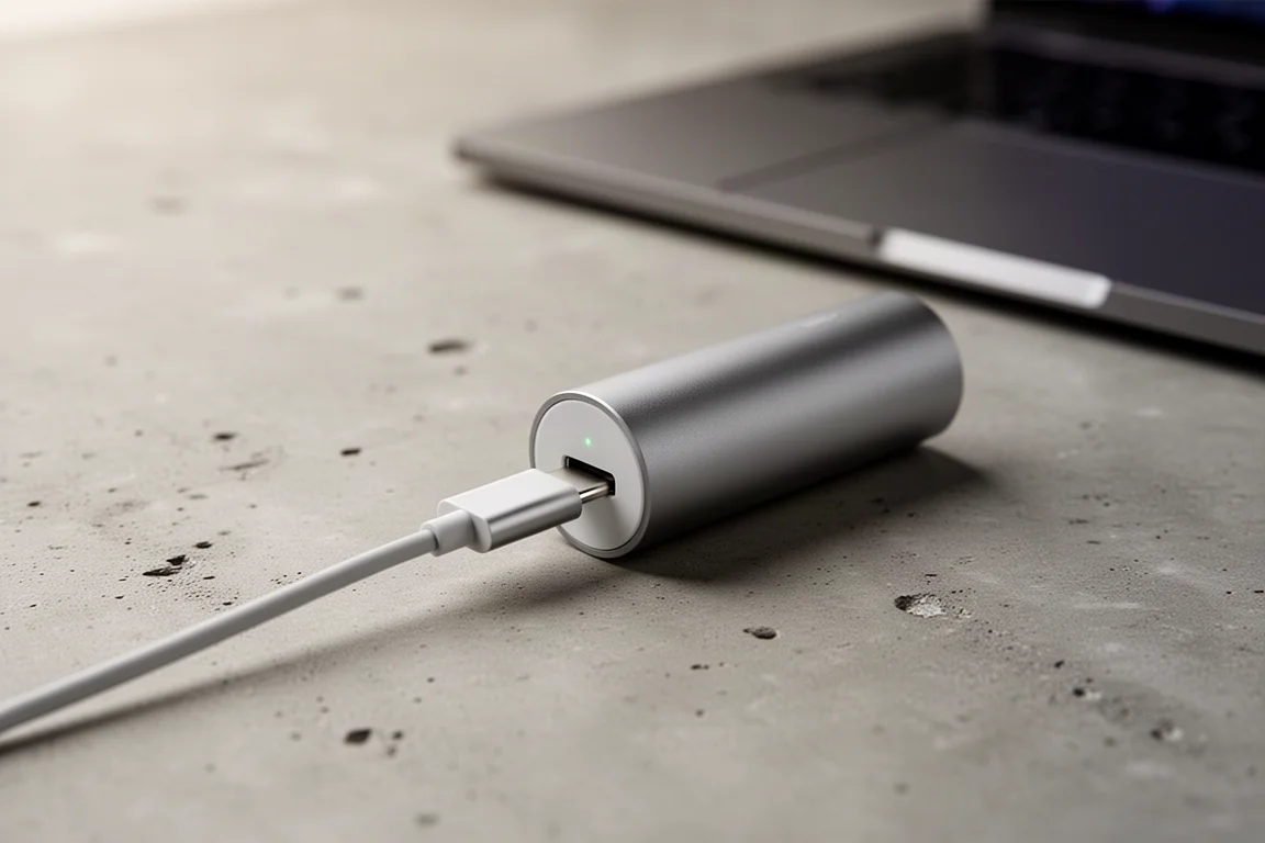 Cabo USB Type-C conectado a um pequeno pacote de baterias carregando sobre uma mesa