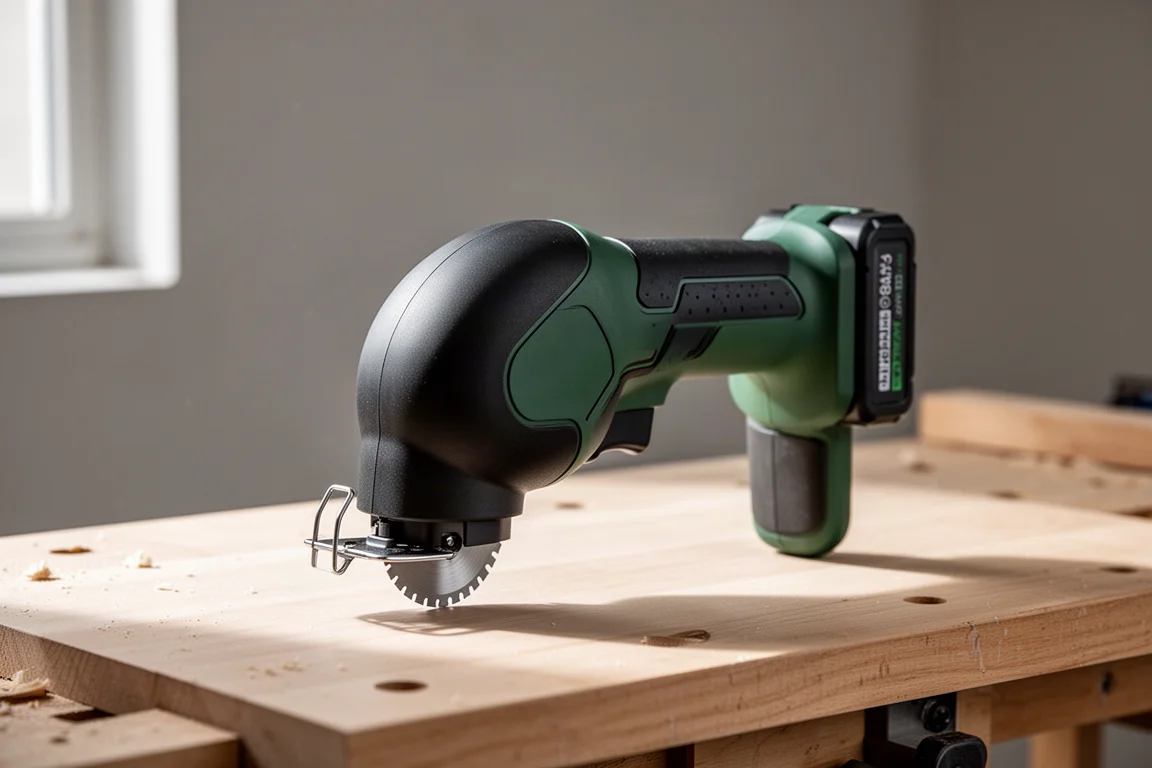 Compact USB rechargeable power cutter on a light wood workbench