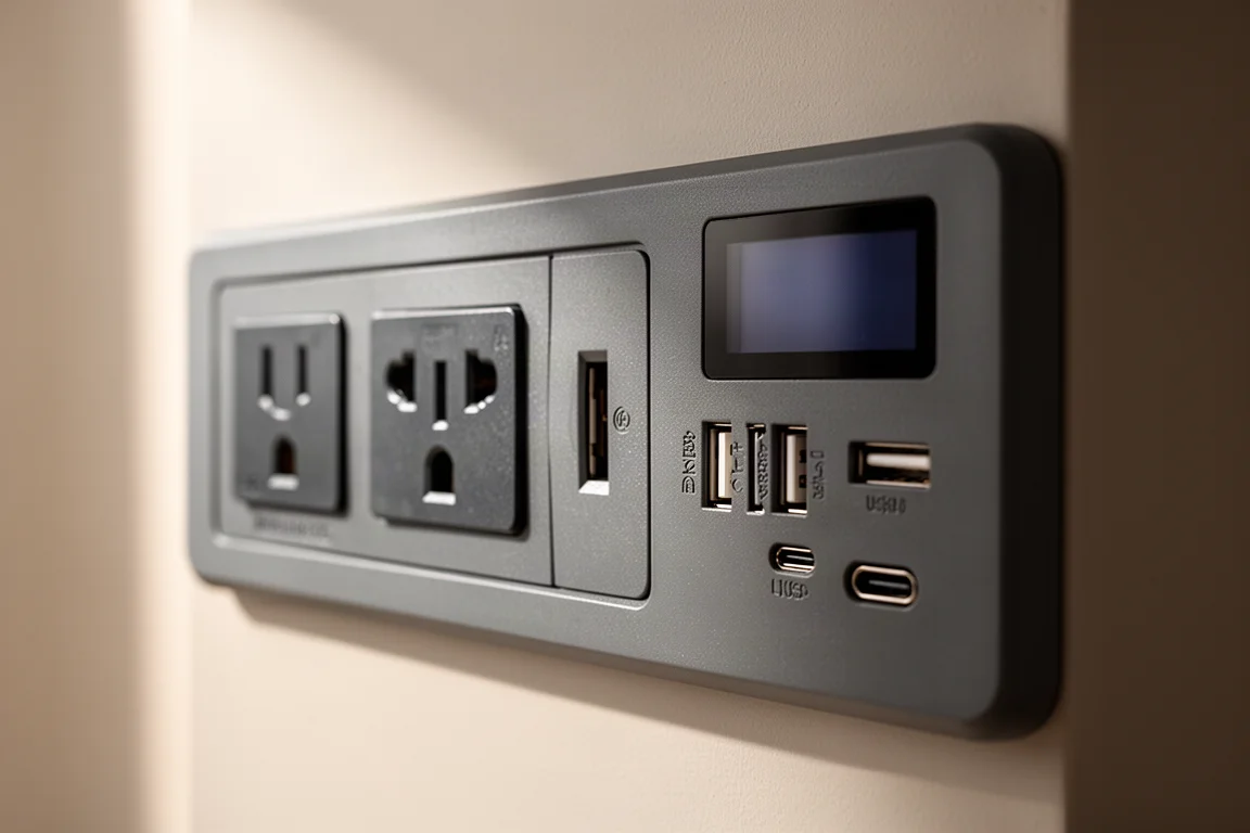 Primer plano del panel de tomas de la estación de energía con tomas CA y puertos USB
