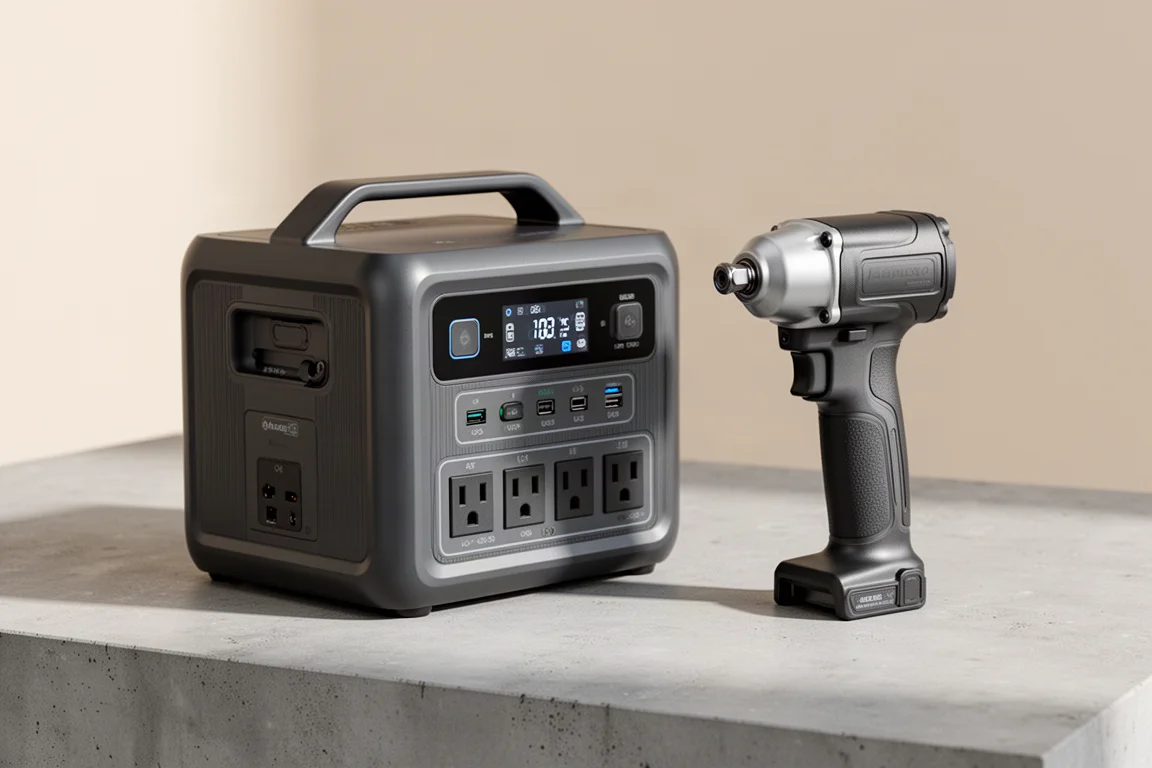 Power station portatile e chiave ad impulso ad angolo affiancate su calcestruzzo