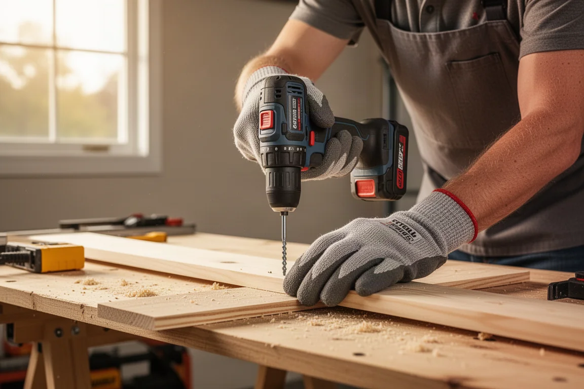 Hausbesitzer arbeitet bei einem Wochenend-DIY-Projekt in der Garage mit einem akkubetriebenen Bohrschrauber