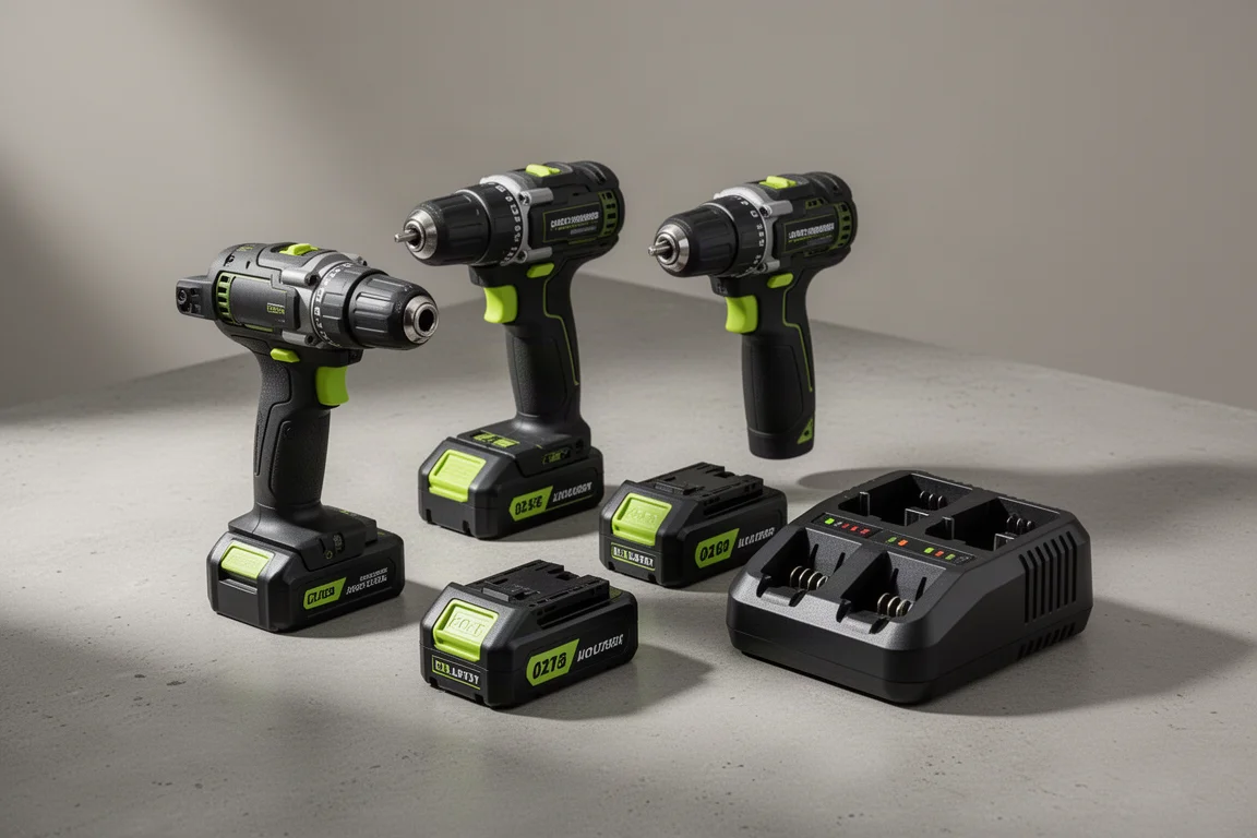 Ryobi cordless power tools, batteries, and charger arranged on a concrete surface