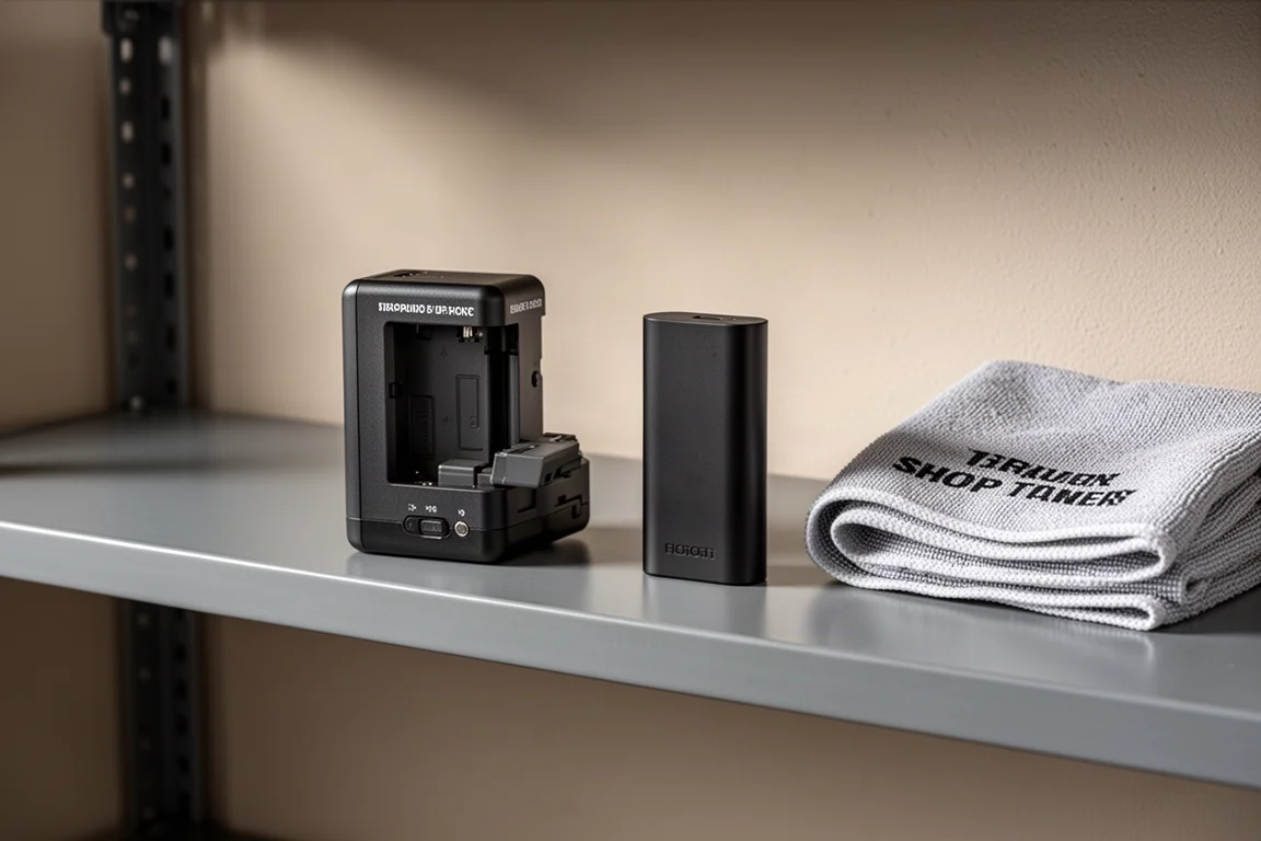 Lader en accupack op een nette garageschappenrail