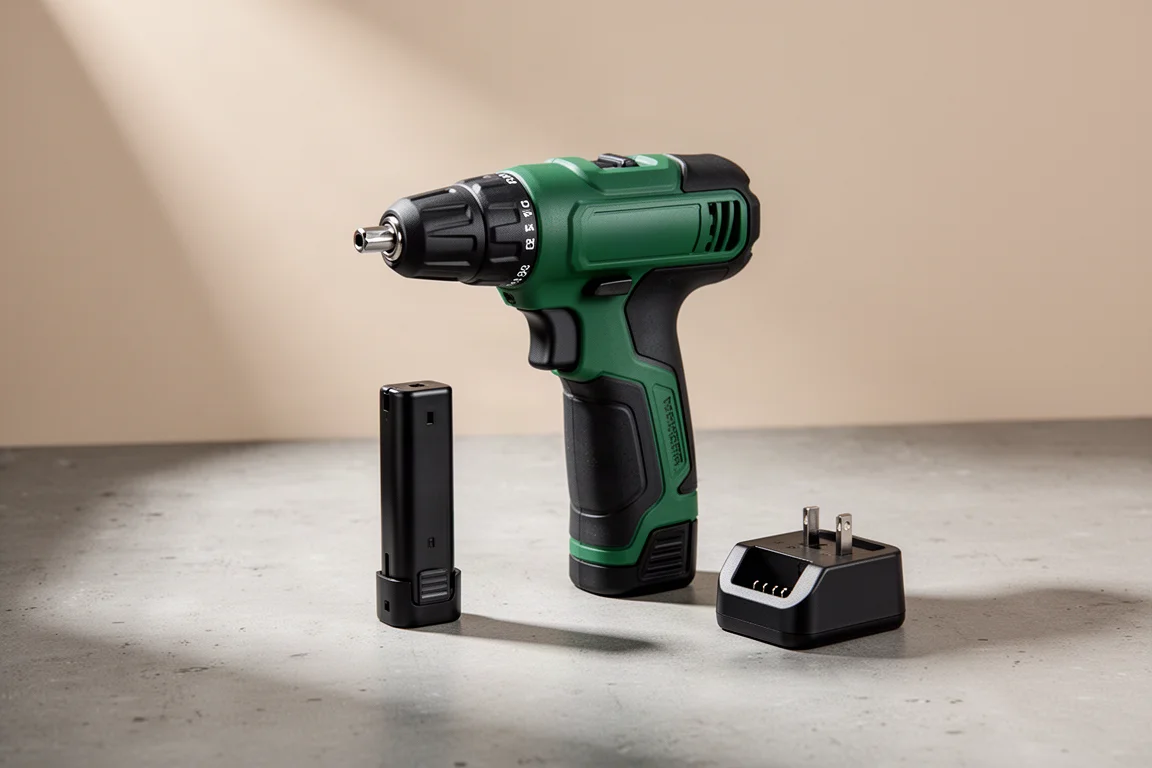 Kit avvitatore Ryobi QUIKRIUS con utensile, batteria e caricabatterie su superficie di cemento