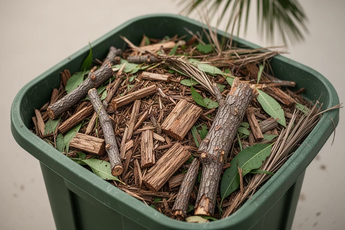 Nahaufnahme von zerkleinerten Ästen und Blättern in einem Gartenabfallbehälter