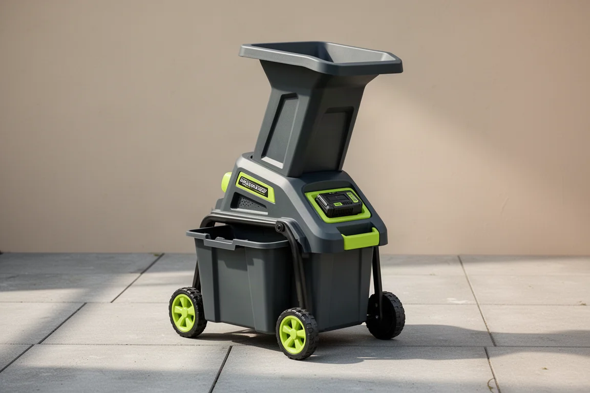 Cordless garden shredder with hopper and collection bin on a concrete patio