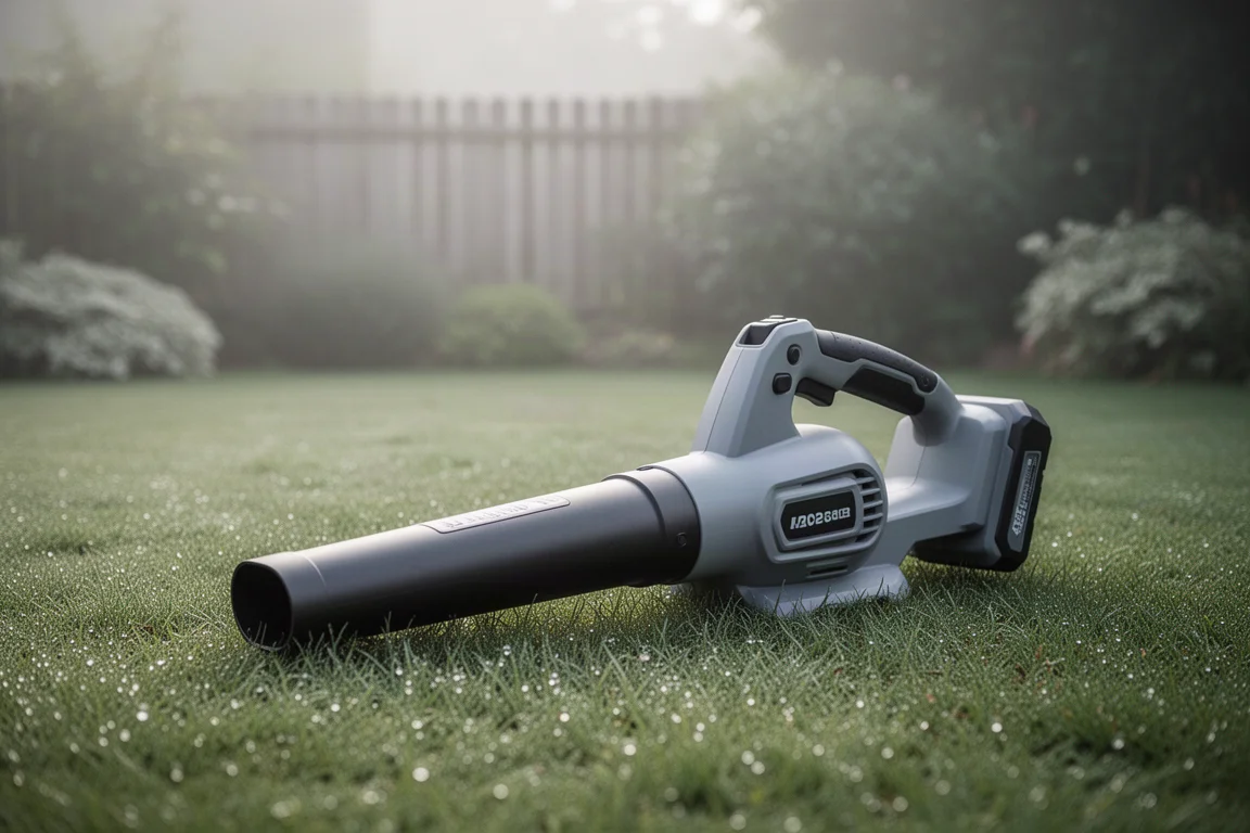 Cordless leaf blower resting on grass in a suburban backyard in morning light