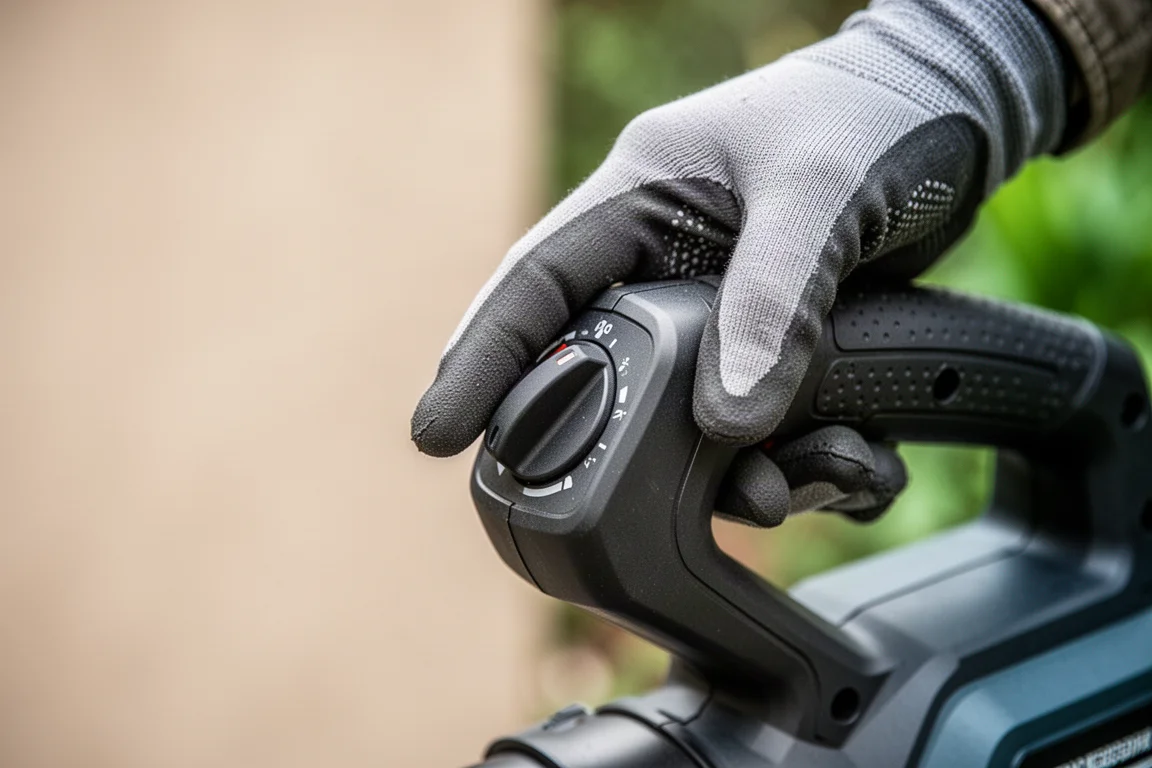 Close-up of a hand on a blower's variable speed trigger and cruise control dial