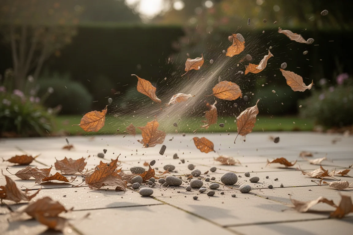 Stones and debris being cleared off a paved patio by a strong air stream