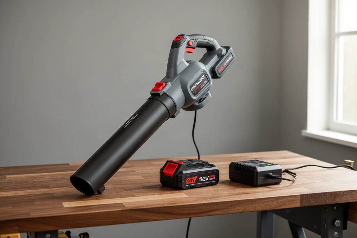 Leaf blower standing upright on a workbench next to a battery pack and charger