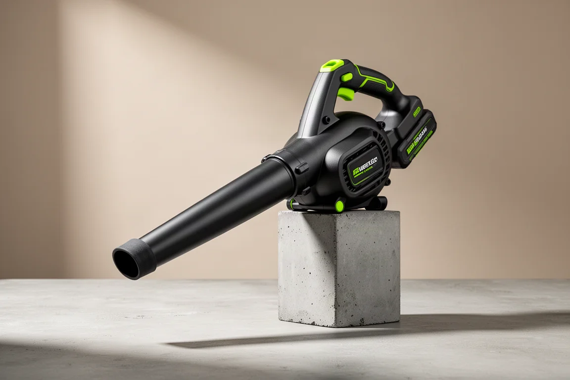 Ryobi 36V cordless leaf blower standing upright on a concrete surface