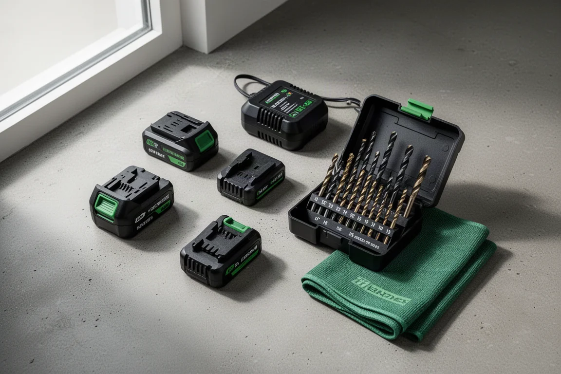 Workbench with cordless tools and battery packs laid out before a sale shopping trip