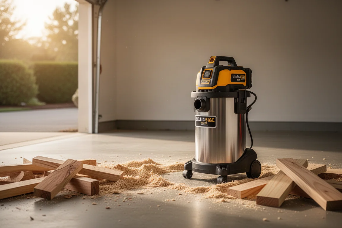 Cordless shop vacuum resting on a garage floor near sawdust
