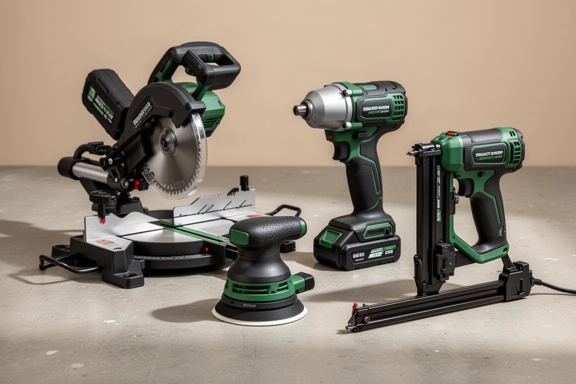 Cordless miter saw, impact wrench, sander, and brad nailer arranged on a concrete workshop floor
