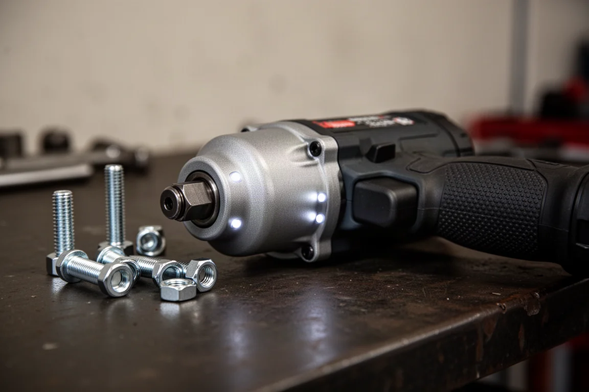 Chave de impacto compacta apoiada em uma bancada de garagem perto de parafusos